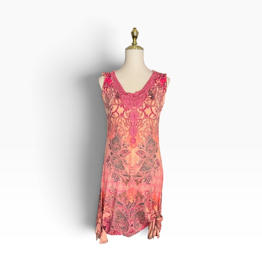 One World Dress M Coral Paisley Boho Lace Handkerchief Hem Stretch bohemian